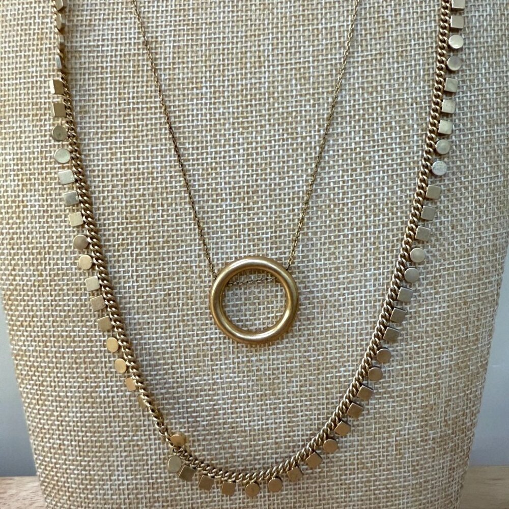 Madewell Two Gold-Tone Necklaces Long and One Bracelet With Circular Pendant